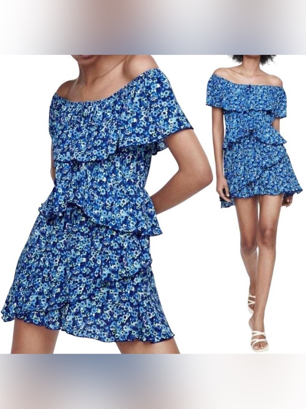 Zara Blue Floral Off-Shoulder Ruffle Mini Dress